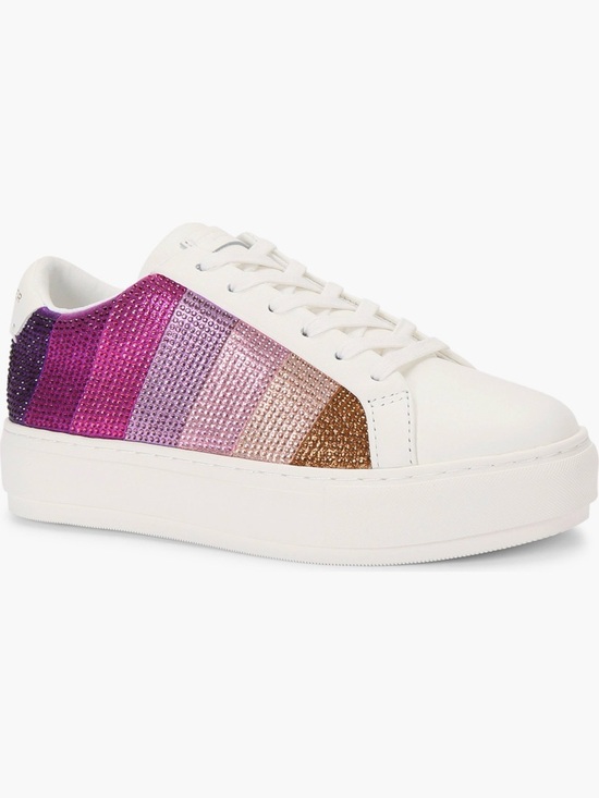 Kurt Geiger Shoes - Kurt Geiger White Platform Sneakers with Pink-Purple to Bronze Crystal Stripe